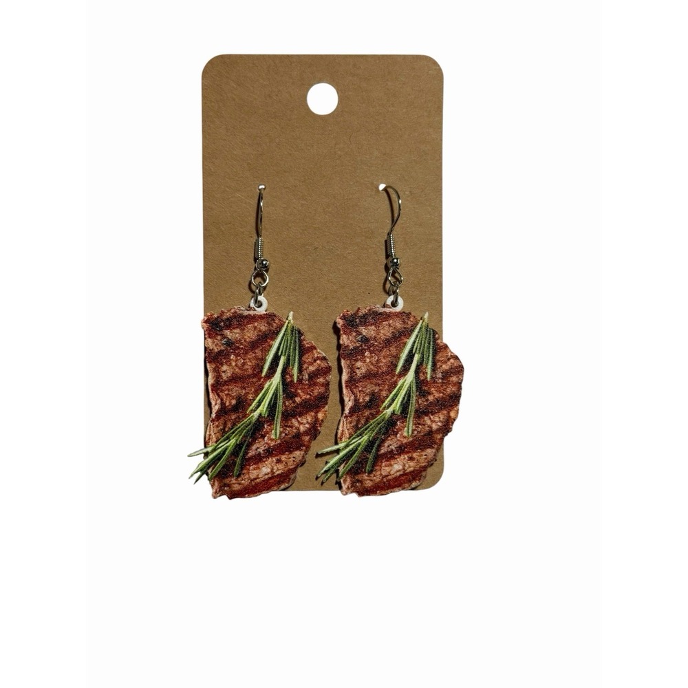 Grilled Steak Rosemary Sprig Novelty Earrings Foodie Jewelry Realistic BBQ‎ Meat
